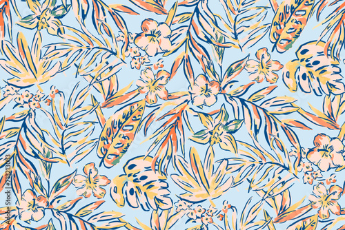 Modern exotic floral jungle pattern. Collage contemporary seamless pattern. Hand drawn cartoon style pattern. Boho foliage botanical tropical leaves