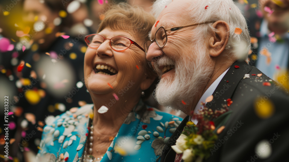 Candid senior couple renewing their vows on their wedding day. mature married couple celebrating with confetti. celebration of love. ai generated - obrazy, fototapety, plakaty 