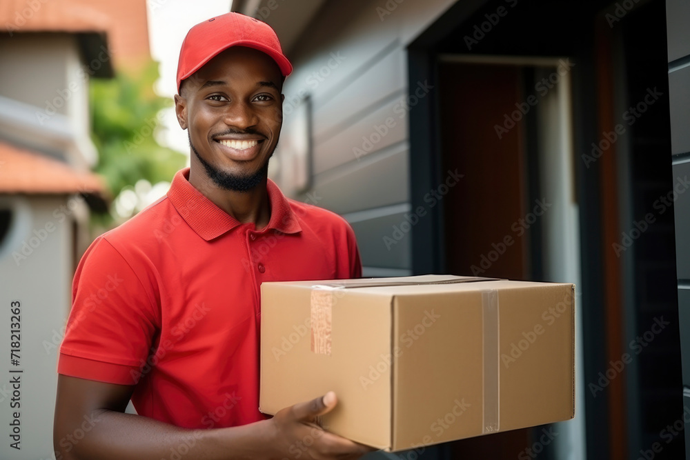 Young dark-skinned African-American delivery guy in red uniform smiling, holding cardboard box against the backdrop of cottage, sunset lighting. Delivery concept, ordering goods online Young dark-skinned African-American delivery guy in red uniform smiling, holding cardboard box against the backdrop of cottage, sunset lighting. Delivery concept, ordering goods online