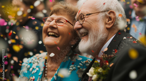 Candid senior couple renewing their vows on their wedding day. mature married couple celebrating with confetti. celebration of love. ai generated photo