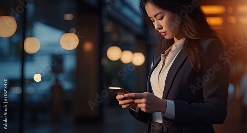 businesswoman using her phone in the office. business entrepreneur looking at her mobile phone and smiling 