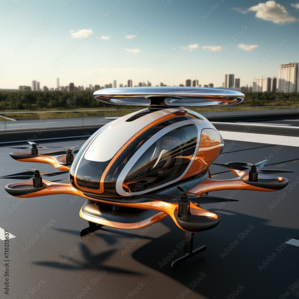 Obraz premium Futuristic orange passenger drone takes off from an airstrip near a modern city. Electric Vertical Take Off and Landing E-VTOL Aircraft used in urban passenger transportation.