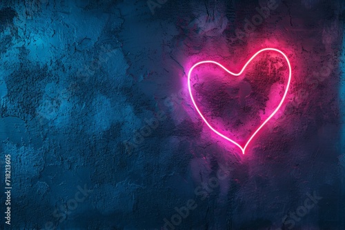 Neon heart with a glow on the background of a dark brick wall. Neon sign.