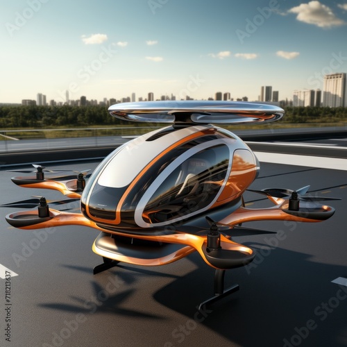 Futuristic orange passenger drone takes off from an airstrip near a modern city. Electric Vertical Take Off and Landing E-VTOL Aircraft used in urban passenger transportation. photo