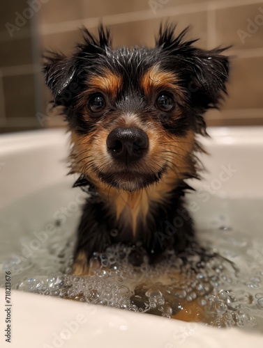 A curious puppy of a certain breed discovers the joys of an indoor bath, leaving paw prints of mischief and playfulness in the bathroom