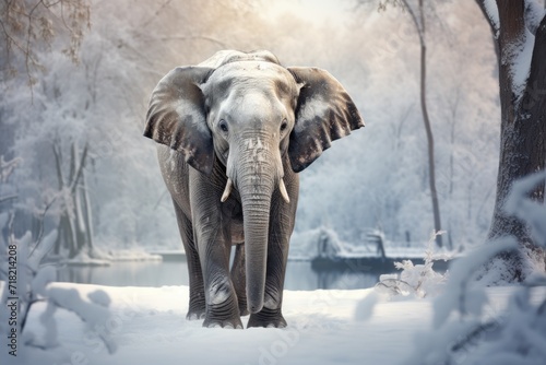  an elephant standing in the snow in front of a tree with snow on the ground and a body of water in the background with trees and snow on the ground.