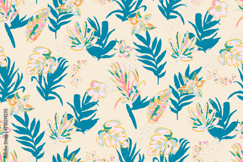 Modern exotic floral jungle pattern. Collage contemporary seamless pattern. Hand drawn cartoon style pattern. Boho foliage botanical tropical leaves