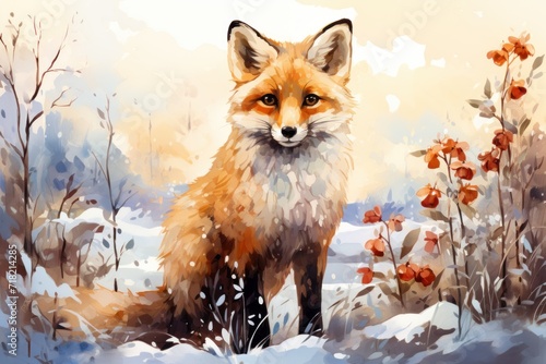  a painting of a red fox standing in the snow in front of a bush with red berries in the foreground and a yellow sky with clouds in the background.