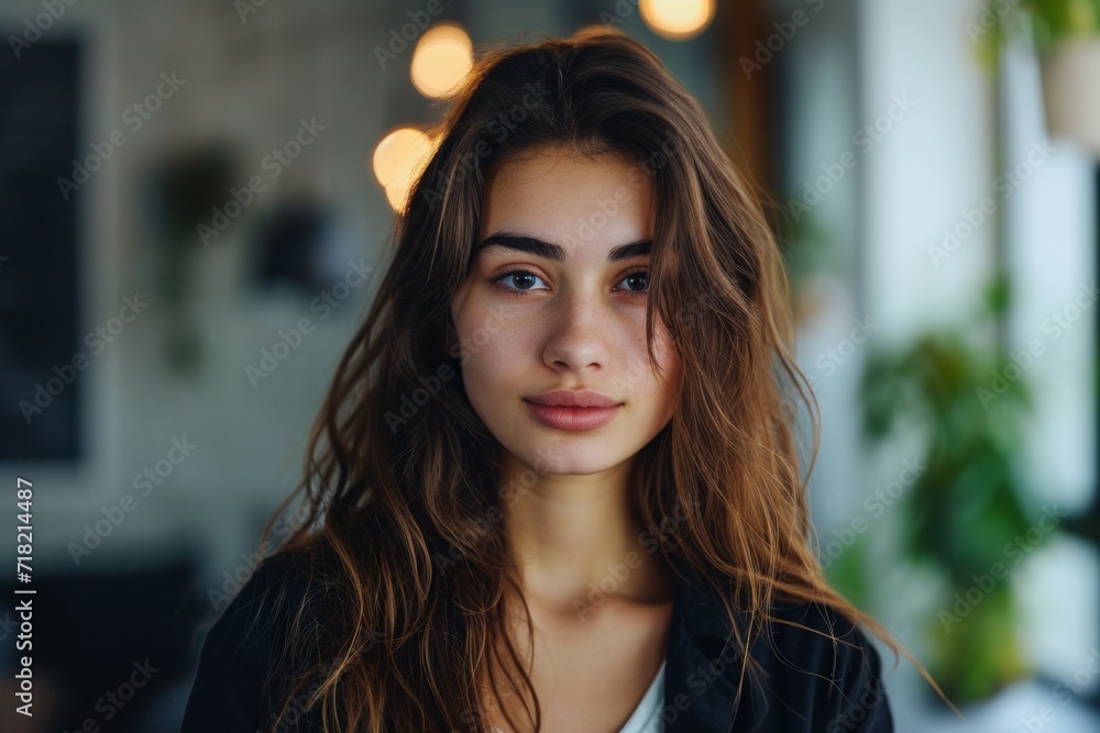 Portrait of young smiling woman looking at camera with crossed arms. Happy girl standing in creative office. Successful businesswoman standing in office with copy space. Portrait of young smiling woman looking at camera with crossed arms. Happy girl standing in creative office. Successful businesswoman standing in office with copy space.