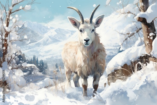  a painting of a mountain goat standing in the snow in front of a snowy landscape with trees and a mountain in the distance with a blue sky in the background.
