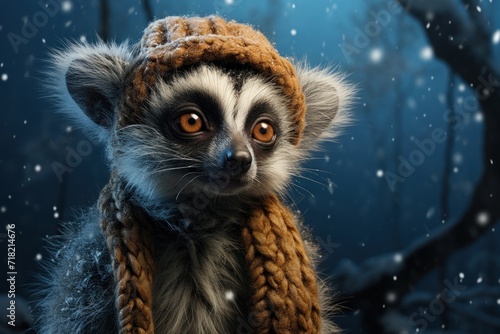  a close up of a racoon wearing a knitted hat with a scarf around it's neck and looking at the camera with a snowy forest in the background.