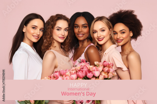 Beautiful girls of different races with different skin colors with tulips on studio pink background. Spring concept, March 8 holiday, International Women's Day. Feminine beauty, happy women of world