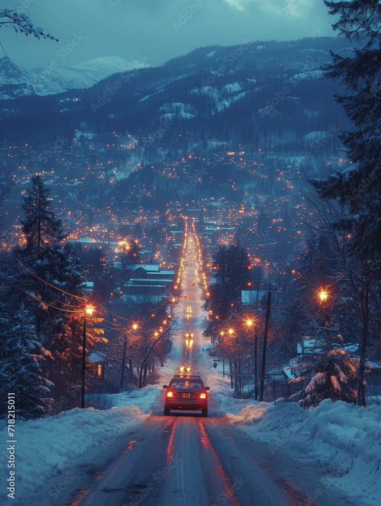 Fototapeta premium A solitary car braves the winter night, its headlights cutting through the snowy landscape as it winds through the trees and mountains under a cloudy sky