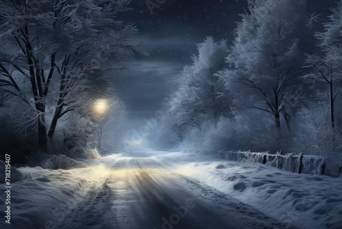  a snowy road at night with a street light in the middle of the road and trees on both sides of the road and snow on both sides of the road.