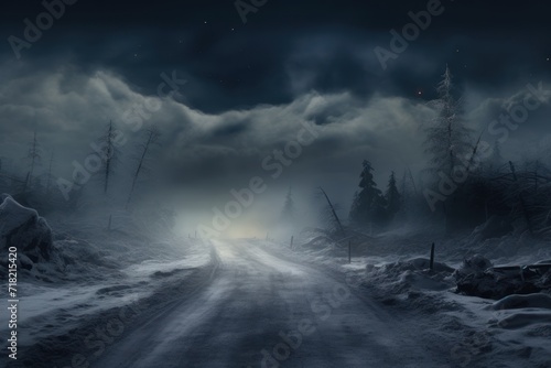  a dark road in the middle of a snow covered forest with a light at the end of the road in the middle of the road is a foggy night. photo