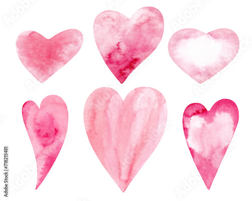 Illustration of a set of hand-drawn watercolor hearts for Valentine's Day