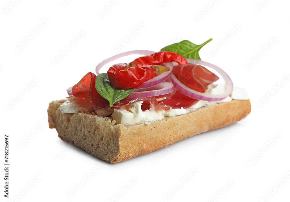 Delicious sandwich with bresaola, cream cheese, onion and chili pepper isolated on white Delicious sandwich with bresaola, cream cheese, onion and chili pepper isolated on white