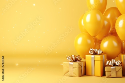  a bunch of yellow balloons sitting next to a bunch of gift boxes with a bow on top of them and a bunch of gold wrapped presents on the bottom of them.