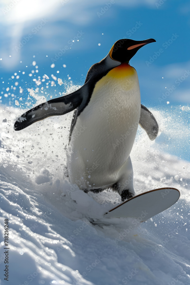 Fototapeta premium Generative Ai illustration of emperor penguin snowboarding