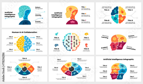 Artificial Intelligence Infographic. Puzzle Vector Cyborg Head Illustration. AI 2, 3, 4, 6 Steps Options. Human Robot Face. Digital Eye Vision. Deep Machine Learning. Computer Brain. Neural Network