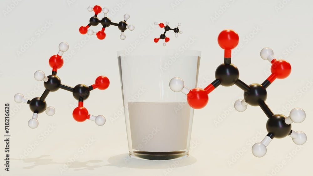 3d rendering of lactic acid molecules and milk. Milk contains some of