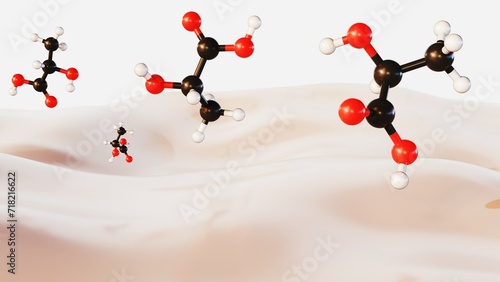 3d rendering of lactic acid molecules and milk. Milk contains some of the highest levels of lactic acid, with condensed milk and evaporated milk having higher levels. photo
