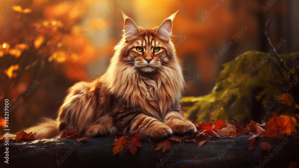 A majestic Maine Coon cat with a luxurious brown tabby coat sits on a log amidst autumn leaves