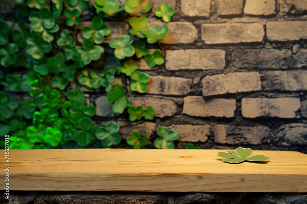 A wooden top with a blurred background in a Saint Patrick's themed decor. Saint Patrick's themed background with clover leaf and green cores. A wooden top with a blurred background in a Saint Patrick's themed decor. Saint Patrick's themed background with clover leaf and green cores.