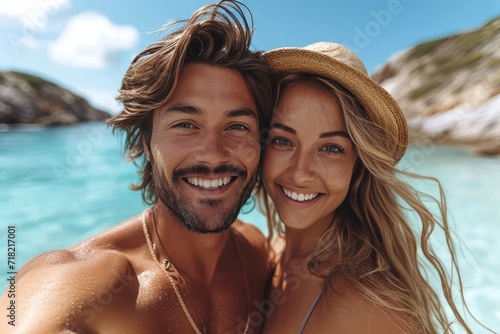 A couple captures their joyful vacation by the ocean with a smiling selfie, showcasing their stylish beach attire and sun hats against the backdrop of a clear blue sky and glistening water