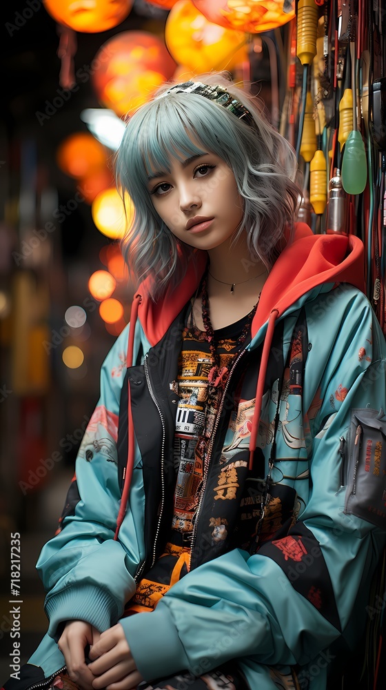 Japanese street fashion in focus, with a girl in stylish streetwear against a background of vibrant teal, the HD camera capturing the bold and eclectic style