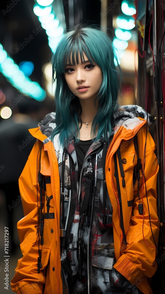 Japanese street fashion in focus, with a girl in stylish streetwear against a background of vibrant teal, the HD camera capturing the bold and eclectic style