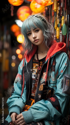 Japanese street fashion in focus, with a girl in stylish streetwear against a background of vibrant teal, the HD camera capturing the bold and eclectic style ©  ALLAH LOVE