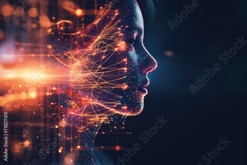 Big data and artificial intelligence concept. Machine learning and cyber mind domination concept in form of women face outline outline with circuit board and binary data flow on blue background. photo