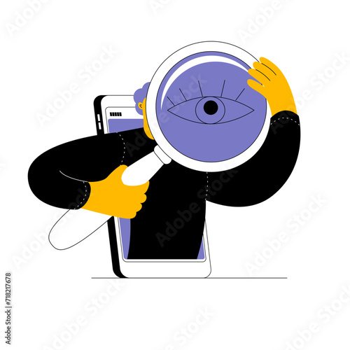 A character with a large magnifying glass is looking for something online. Vector illustration on the topic of help in searching on a smartphone and on the web. Illustration for a mobile application.