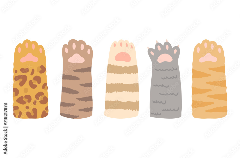 Vector cartoon set of various cute cat paws with soft pads and claws. Funny paws raised up. A flat illustration isolated on a white background. Vector cartoon set of various cute cat paws with soft pads and claws. Funny paws raised up. A flat illustration isolated on a white background.