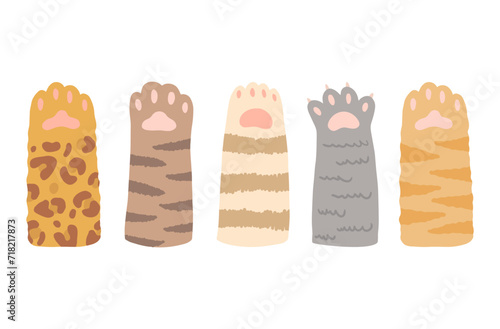 Vector cartoon set of various cute cat paws with soft pads and claws. Funny paws raised up. A flat illustration isolated on a white background.