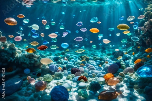 A mysterious and alluring underwater world showcases gemstones resting on the ocean floor