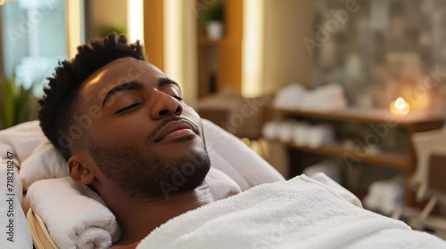 Portrait of a Young Black Man Relaxing at the Spa. Generative AI.