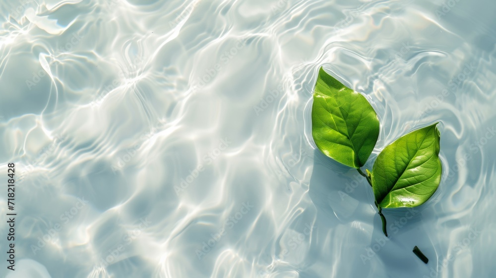 Green leaves on water surface. Beautiful water ripple background for product presentation. Copy space - obrazy, fototapety, plakaty 