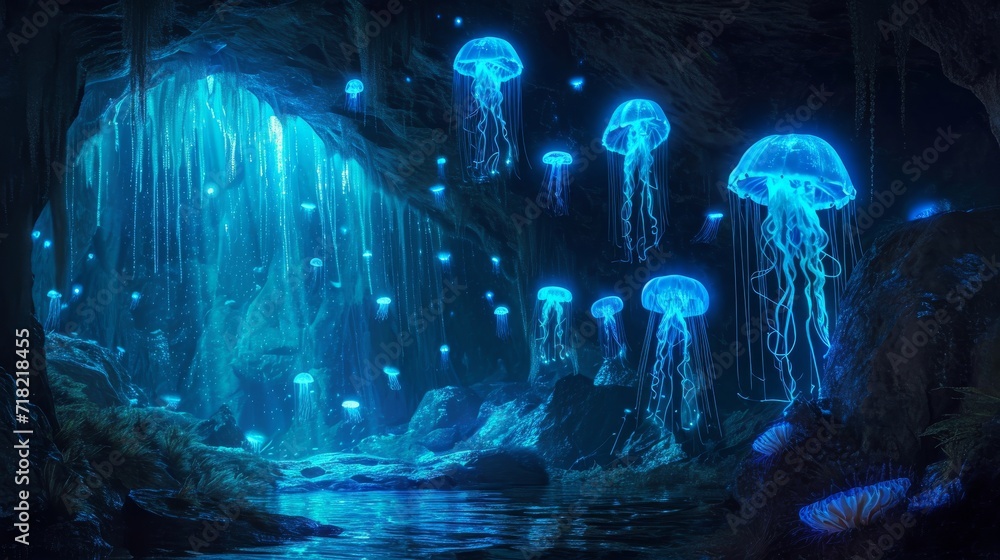 Group of Jellyfish Swimming in Cave