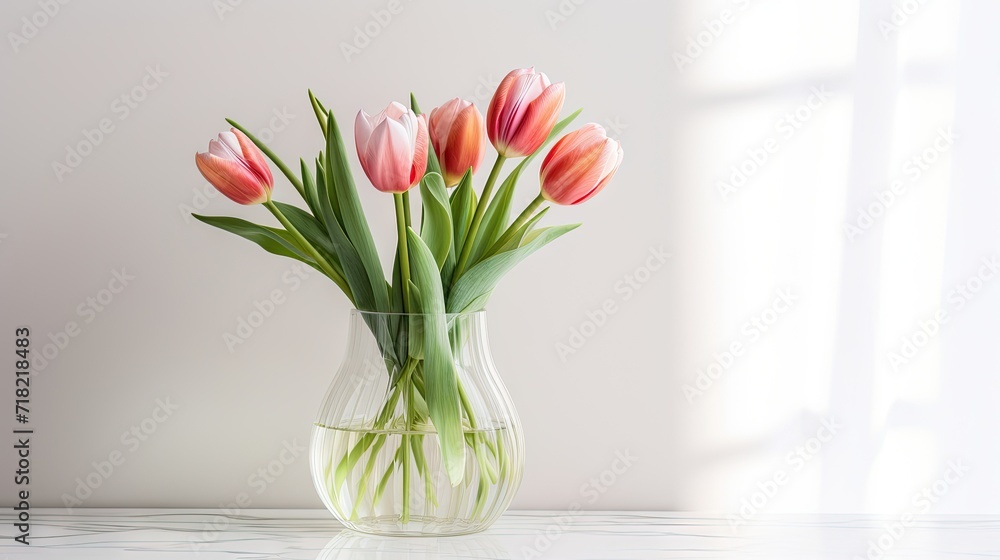 beautiful tulip bouquet in a glass vase on a white marble table. beautiful tulip bouquet in a glass vase on a white marble table.