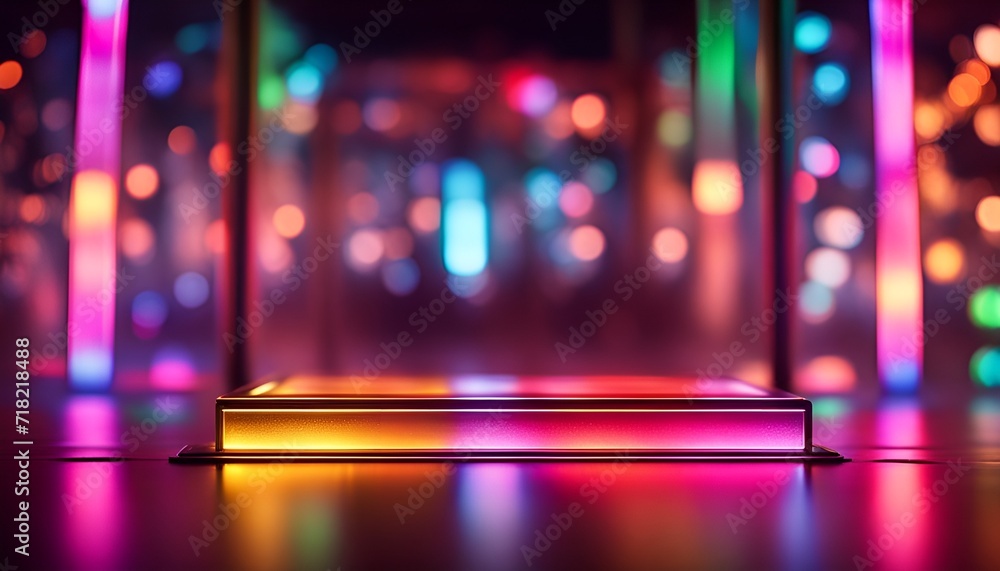 empty glass platform with bokeh neon backdrop