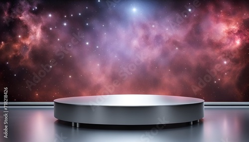 round metal product display dais on a metal platform overlooking a starry nebula in outer space.