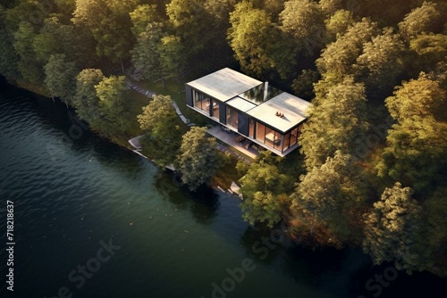 Aerial view of contemporary house in stunning natural landscape beside a lake. Generative AI