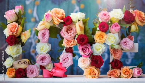 Word Love decorated colorful tender roses