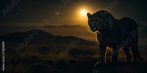 A black cheetah, cloaked in night's velvet, steals across the savannah. Its spotted coat, dusted with stardust, shimmers under the celestial gaze.  photo