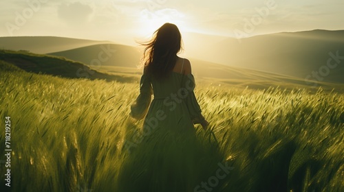 Girl walking in the meadow on the grass in the rays of the setting sun. Concept of women's dreams, success, travel, flight. © studio_