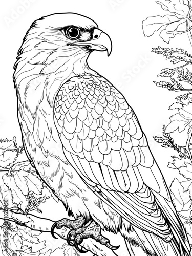 Children coloring book, wild bird falcon on a branch. natural habitat of birds. Vector generative ai, black lines, white background.