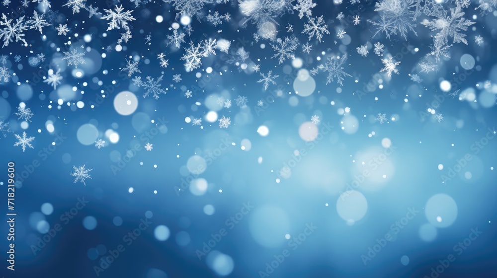 Falling snowflakes and Bokeh with white snow on a blue background