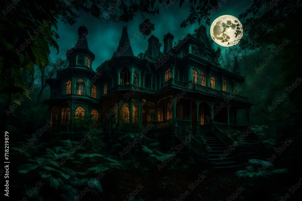 Fototapeta premium An enchanted jungle with a haunted house. Soft moonlight bathes the scene
